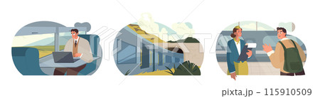Train Journey Scenes. Businessman working, scenic mountain routes, friendly passenger interactions. Expresses travel dynamics. 115910509