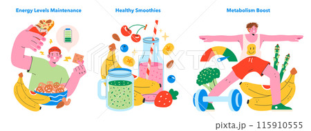 Healthy Snacking set. Portraying energy sustenance, nutritious smoothies, and metabolism enhancement. Choices for well-being and active lifestyle. Vector illustration. 115910555