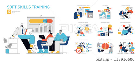 Soft Skills Training set. Enhancing interpersonal abilities via diverse learning methods. Career growth, team collaboration, emotional intelligence. Vector illustration. 115910606
