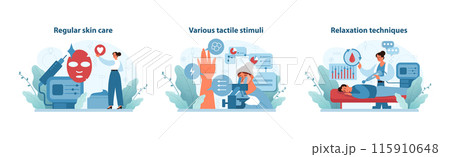 Touch care set. Holistic approach to skin health, featuring nourishing treatments, sensory stimulation, and relaxation methods. Vector illustration. Touch care set. Holistic approach to skin health, featuring nourishing treatments, sensory stimulation, and relaxation methods. Vector illustration. 115910648