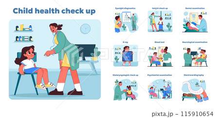 Comprehensive child health check up set. Pediatric care from dental to neurological assessments. Doctors conducting various medical examinations on young boys and girls. Vector illustration 115910654