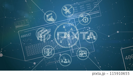 Image of network of connections with icons and data processing over blue background 115910655