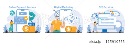 Internet Services set. Business and marketing. Seamless online payment, dynamic digital marketing, and comprehensive SEO solutions. Enhancing virtual transactions and visibility. Vector illustration. 115910733