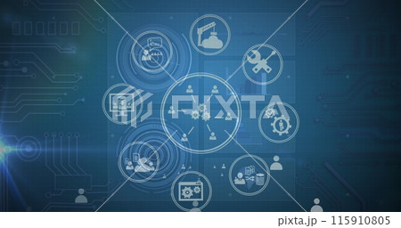 Image of tech icons and data processing on green digital screen 115910805