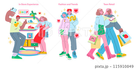 Teen Retail Experience set. Youthful shopping spree, teens exploring in-store and fashion trends. Capturing moments, sharing style, enjoying retail therapy. Vector illustration. 115910849