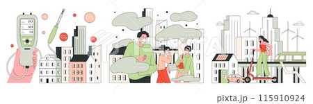 Air quality awareness set. Air quality index and pollution monitoring. Air purifiers devices and mechanisms in urban environments for healthier living. Flat vector illustration Air quality awareness set. Air quality index and pollution monitoring. Air purifiers devices and mechanisms in urban environments for healthier living. Flat vector illustration 115910924