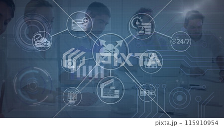 Image of tech icons and diverse coworkers on green digital screen 115910954