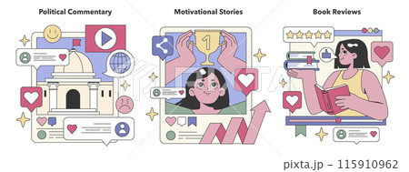 Influential Voices set. Civic engagement, personal triumph, and literary critique. Public discourse, achievement celebration, and reading enthusiasm. Flat vector illustration Influential Voices set. Civic engagement, personal triumph, and literary critique. Public discourse, achievement celebration, and reading enthusiasm. Flat vector illustration 115910962