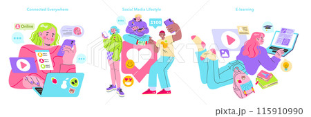 Digital Lifestyle and Learning set. Illustrating modern connectivity, social media interactions, and online education engagement. Embracing virtual life and learning. Vector illustration Digital Lifestyle and Learning set. Illustrating modern connectivity, social media interactions, and online education engagement. Embracing virtual life and learning. Vector illustration 115910990