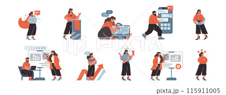 Achievement and analytics set. Business professionals engaged in presentations, financial growth, and data analysis, underlining success and strategy. Flat vector illustration. 115911005