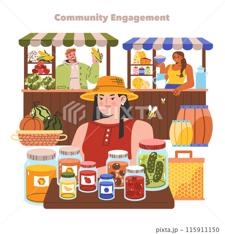 Farmers market scene with vendors selling fresh produce, homemade preserves, and dairy products to foster community engagement. Vector illustration. 115911150