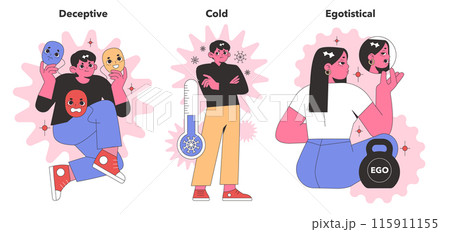 Negative Personality Traits trio. Portrayals of deceit, emotional chilliness, and self-centeredness. Characters with masks, frosty demeanor, and ego. Flat vector illustration Negative Personality Traits trio. Portrayals of deceit, emotional chilliness, and self-centeredness. Characters with masks, frosty demeanor, and ego. Flat vector illustration 115911155