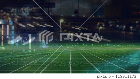 Image of moving pink and blue particles forming helix over processing blue grid moving on black Image of moving pink and blue particles forming helix over processing blue grid moving on black 115911172