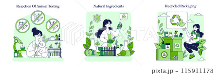 Ethical Cosmetics set. Cruelty-free practices, use of natural ingredients, and eco-friendly packaging. Advancing sustainable beauty industry. Vector illustration. Ethical Cosmetics set. Cruelty-free practices, use of natural ingredients, and eco-friendly packaging. Advancing sustainable beauty industry. Vector illustration. 115911178