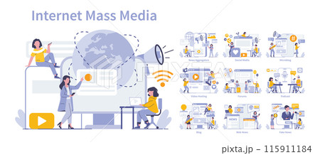 Internet Mass Media set. Diverse online communication platforms and digital content delivery. Global connectivity and information exchange. Vector illustration. 115911184