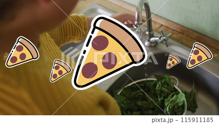 Image of pizza icons over caucasian woman washing salat 115911185