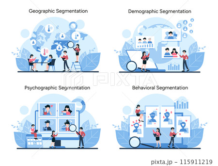 Market Segmentation facets set. Vivid vector illustrations present geographic, demographic, psychographic, and behavioral market divisions. Vector illustration 115911219