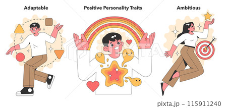 Cheerful vector illustration set celebrating positive traits with characters displaying adaptability, ambition, and joy, perfect for motivational content Cheerful vector illustration set celebrating positive traits with characters displaying adaptability, ambition, and joy, perfect for motivational content 115911240