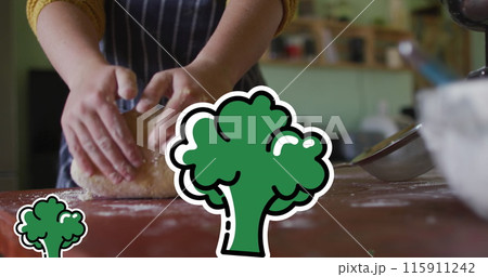 Image of broccoli icons over caucasian woman cooking 115911242