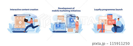 Interactive Engagement Suite set. Professionals crafting interactive content, devising mobile marketing, and initiating customer loyalty schemes. Engaging marketing strategies. Flat vector. 115911250