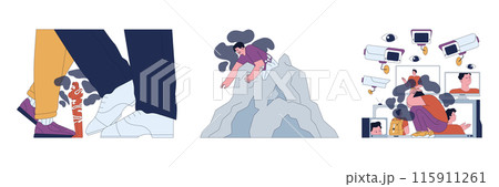 Human fears set. Scared characters confronting personal inadequacies and control issues. Inadequacy and dependence phobias. Flat vector illustration 115911261