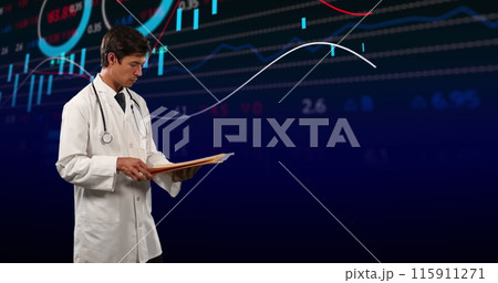 Image of financial data and graphs over caucasian male doctor Image of financial data and graphs over caucasian male doctor 115911271