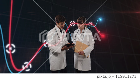 Image of financial graphs over caucasian female and male doctors 115911273