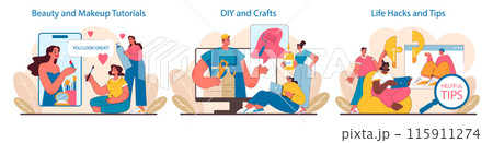 Social Media Content set. Inspiration for self-care, crafty projects, and everyday efficiency. Visual guides for enhancing daily life. Flat vector illustration. Social Media Content set. Inspiration for self-care, crafty projects, and everyday efficiency. Visual guides for enhancing daily life. Flat vector illustration. 115911274