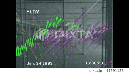Image of interference with purple lines and data processing over building interior 115911284