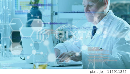 Image of data processing over caucasian male scientist in lab 115911285