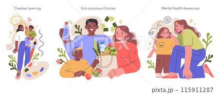 Millennial Parents illustration. Visual story of engaging in creativity, making sustainable choices, and prioritizing mental health in family life. Vector illustration. Millennial Parents illustration. Visual story of engaging in creativity, making sustainable choices, and prioritizing mental health in family life. Vector illustration. 115911287