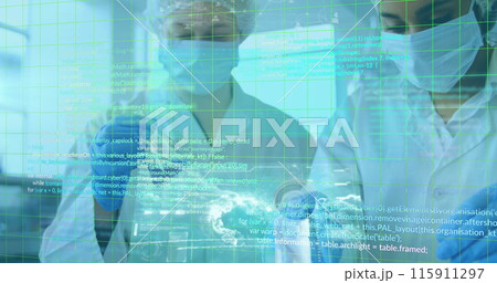 Grid lines and data processing over  two caucasian female scientists in a laboratory Grid lines and data processing over  two caucasian female scientists in a laboratory 115911297