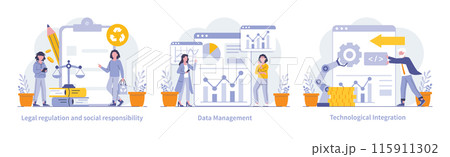 Marketing and customer focus set. Visuals on legal compliance, data analysis and security, and tech-forward corporate integration. Vector illustration. Marketing and customer focus set. Visuals on legal compliance, data analysis and security, and tech-forward corporate integration. Vector illustration. 115911302