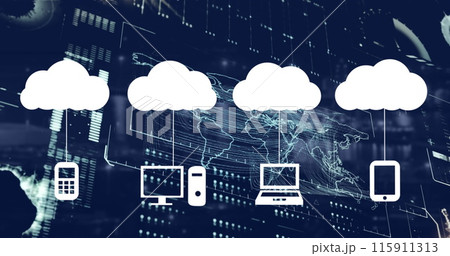 Image of cloud icons and data processing over world map on black background 115911313