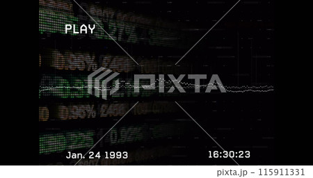 Image of interference over data processing and stock market on black background 115911331