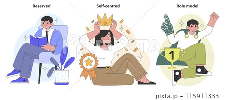 Big Five Personality Dimensions set. Illustrations of reserved, self-centred, and role model traits with symbolic activities and expressions. Flat vector illustration Big Five Personality Dimensions set. Illustrations of reserved, self-centred, and role model traits with symbolic activities and expressions. Flat vector illustration 115911333