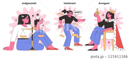 Negative Personality Traits collection. Characters exemplifying judgment, intolerance, and arrogance. A study in critical, dismissive, and superior attitudes. Flat vector Negative Personality Traits collection. Characters exemplifying judgment, intolerance, and arrogance. A study in critical, dismissive, and superior attitudes. Flat vector 115911386