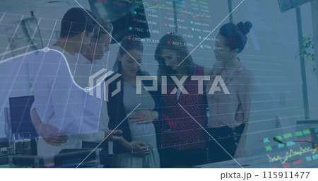 Image of financial data processing over diverse colleagues talking to pregnant woman at office 115911477