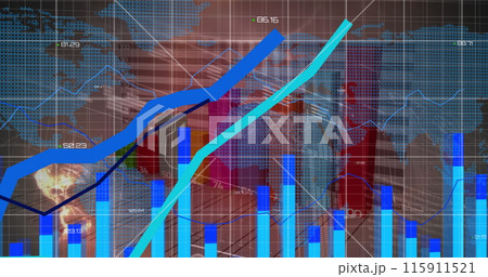 Image of statistical data processing over world map against grey background 115911521