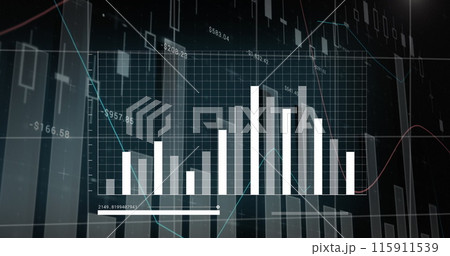 Image of statistical data processing over world map against black background Image of statistical data processing over world map against black background 115911539