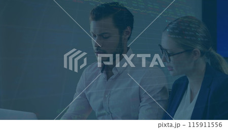 Image of stock market data processing over caucasian businessman and businesswoman discussing 115911556