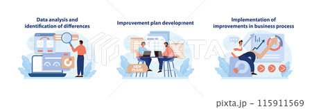 Benchmarking Execution Set. Visual stages of benchmarking: data analysis, plan development, and business process enhancement. Benchmarking Execution Set. Visual stages of benchmarking: data analysis, plan development, and business process enhancement. 115911569