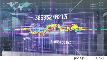 Graph turning up and down with blue blocks and changing numbers on a black background the image of f 115911574