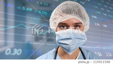 Image of financial data and graphs over caucasian female surgeon in face mask Image of financial data and graphs over caucasian female surgeon in face mask 115911580
