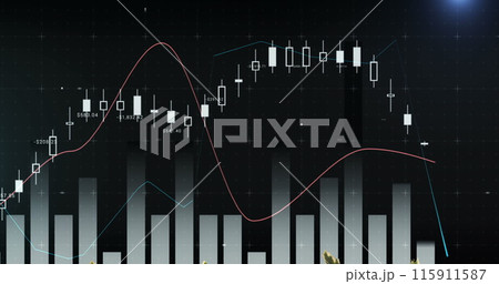 Image of financial and statistical data processing against blue light spot on black background 115911587