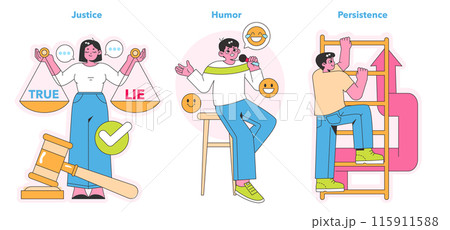 Character Strengths set. Scales of justice, the joy of humor, and the climb of persistence. Vibrant depictions of fairness, laughter, and determination. Vector illustration Character Strengths set. Scales of justice, the joy of humor, and the climb of persistence. Vibrant depictions of fairness, laughter, and determination. Vector illustration 115911588