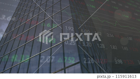 Image of stock market data processing against tall building 115911613