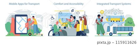 Urban Transportation Methods set. Enhancing city commutes with digital solutions. Inclusive design prioritizing comfort and access. Unified transit networks for streamlined travel. 115911626