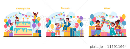 Child birthday set. Kids of various ages celebrating birthdays, chatting and playing. Delight in cake, thrill of presents and fun of pinata game. Shared smiles and festive moments. Flat vector Child birthday set. Kids of various ages celebrating birthdays, chatting and playing. Delight in cake, thrill of presents and fun of pinata game. Shared smiles and festive moments. Flat vector 115911664
