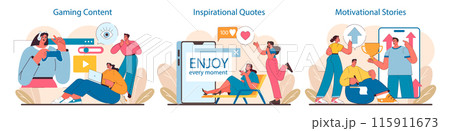 Dynamic Social Media Content set. Interactive gaming streams, life-affirming quotes, and empowering stories. Digital inspirations for play, positivity, and personal growth. Flat vector illustration. Dynamic Social Media Content set. Interactive gaming streams, life-affirming quotes, and empowering stories. Digital inspirations for play, positivity, and personal growth. Flat vector illustration. 115911673